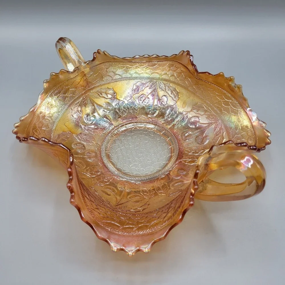 Vintage Fenton Marigold Carnival Iridescent Glass Handled Candy Dish Cherries